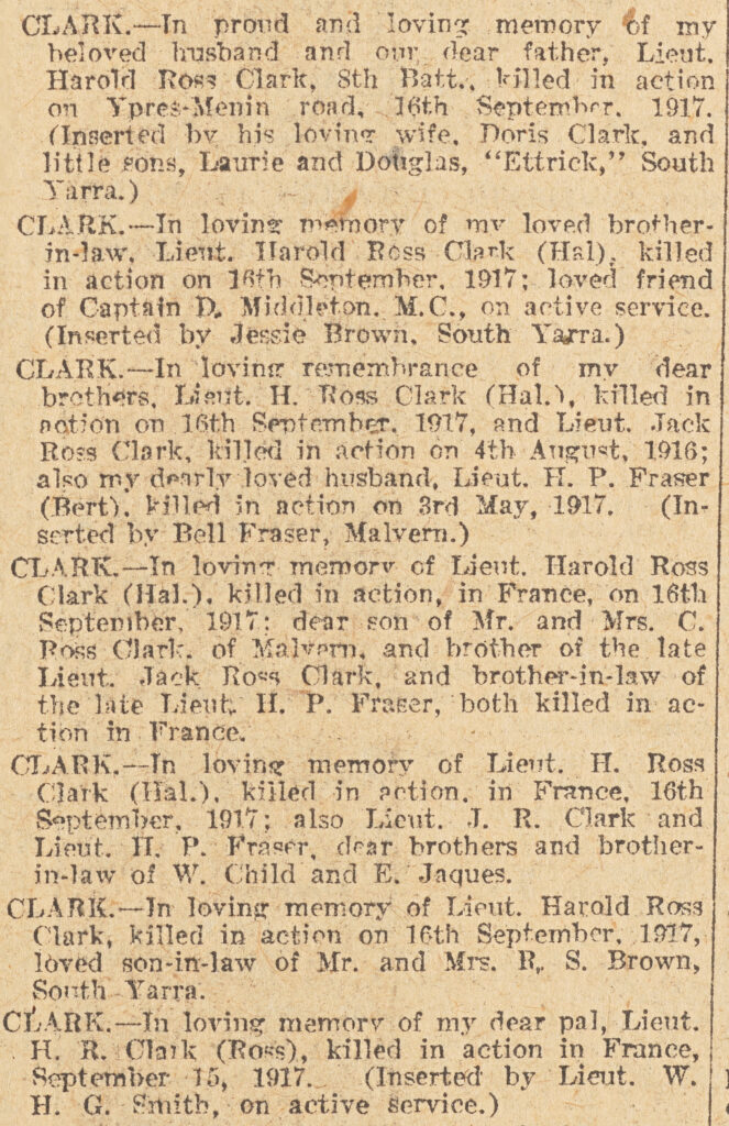 A newspaper article listing many death notices for Harold Ross Clark.