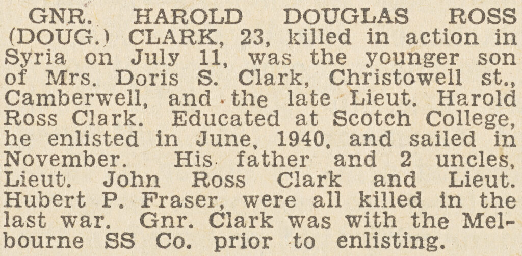 A newspaper death notice for Harold Douglas Ross Clark.