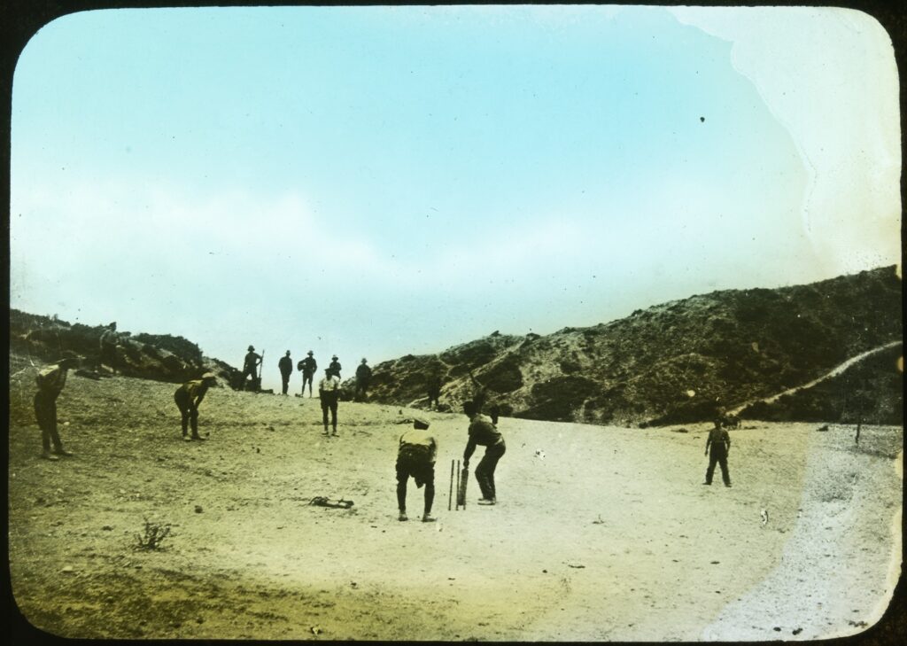 Coloured image of soldiers playing cricket