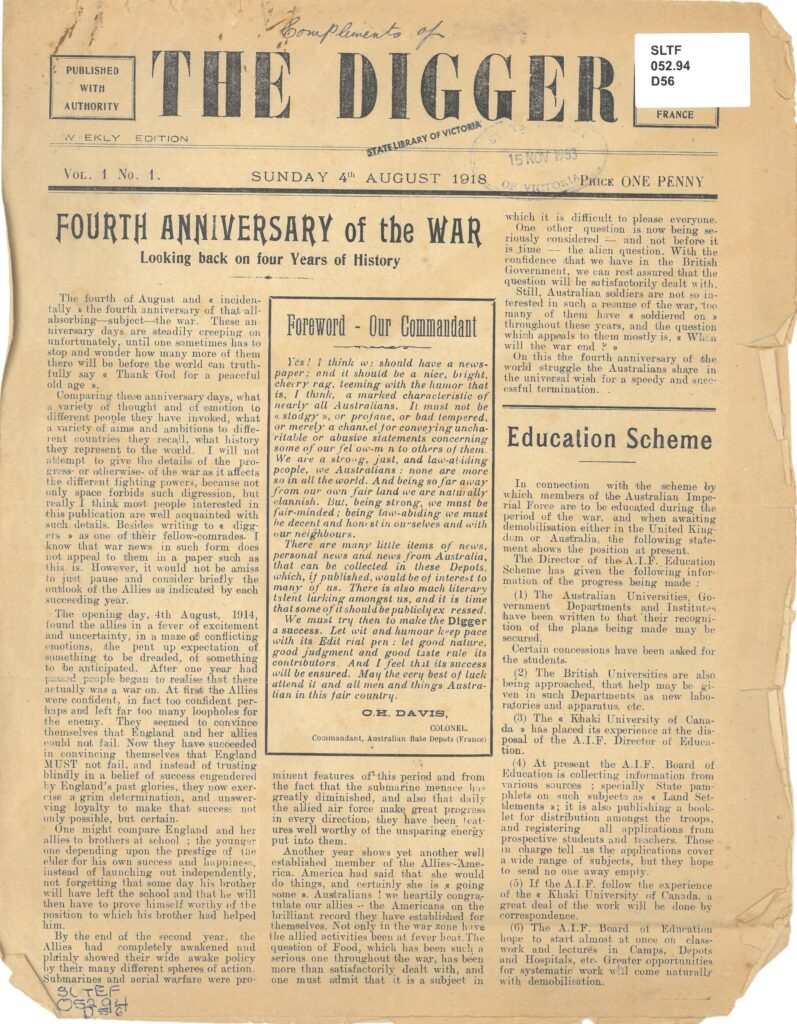 Front cover of The Digger newsletter. Featuring a story on the fourth anniversary of the WWI.