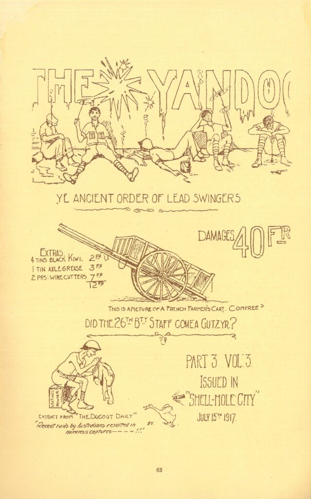 Shows a cartoon of five soldiers sitting against a wall. A cart is featured further down the page. the final image shows a soldier plucking a duck