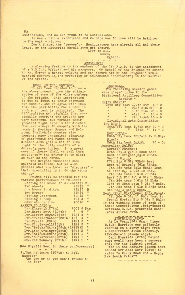 Text regarding amusements, sporting results and other activities