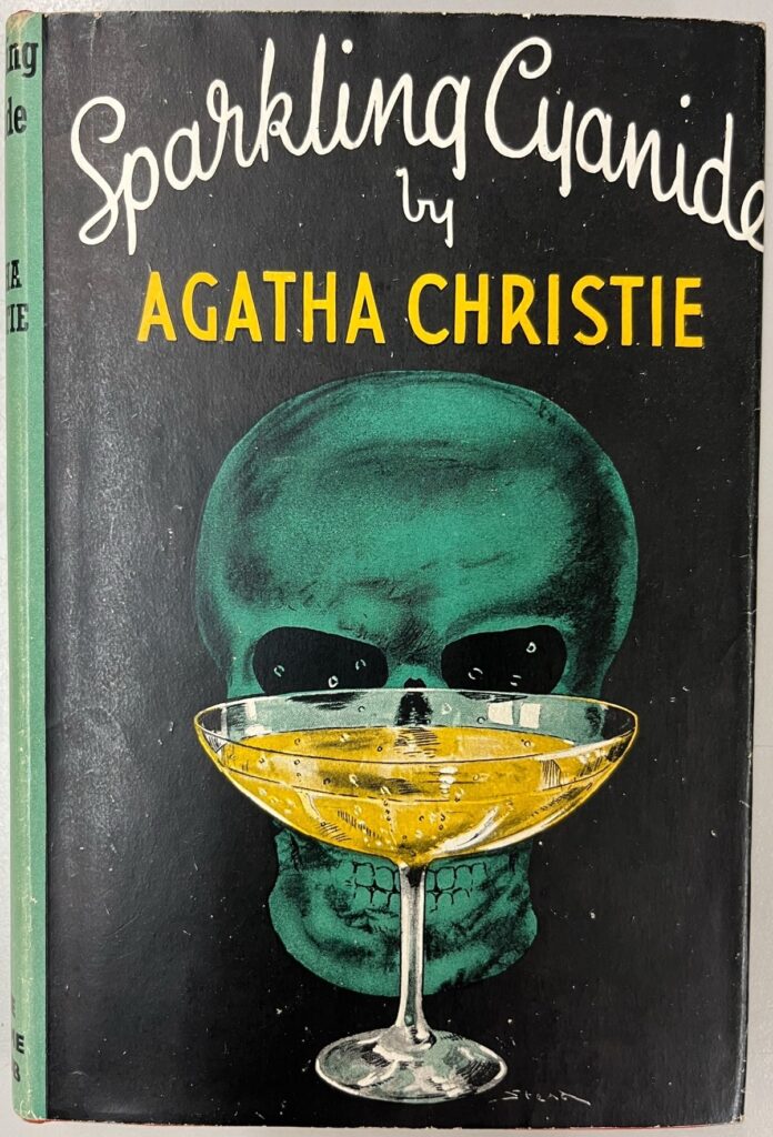 cover of Sparkling Cyanide with green skull positioned behind a martini glass with yellow liquid in.
