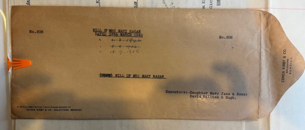 Photo of the envelope that contained the will of Mrs Mary Hagan, with revised dates from 1946 to 1956.