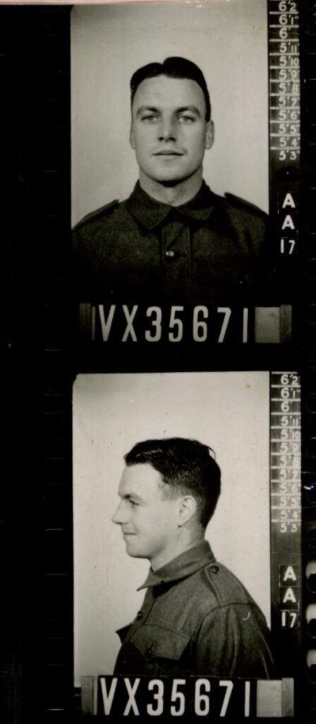 Two photos on a photo strip, taken from a World War Two service record. The photos are of the same soldier, one photo is face on, the other is in profile.