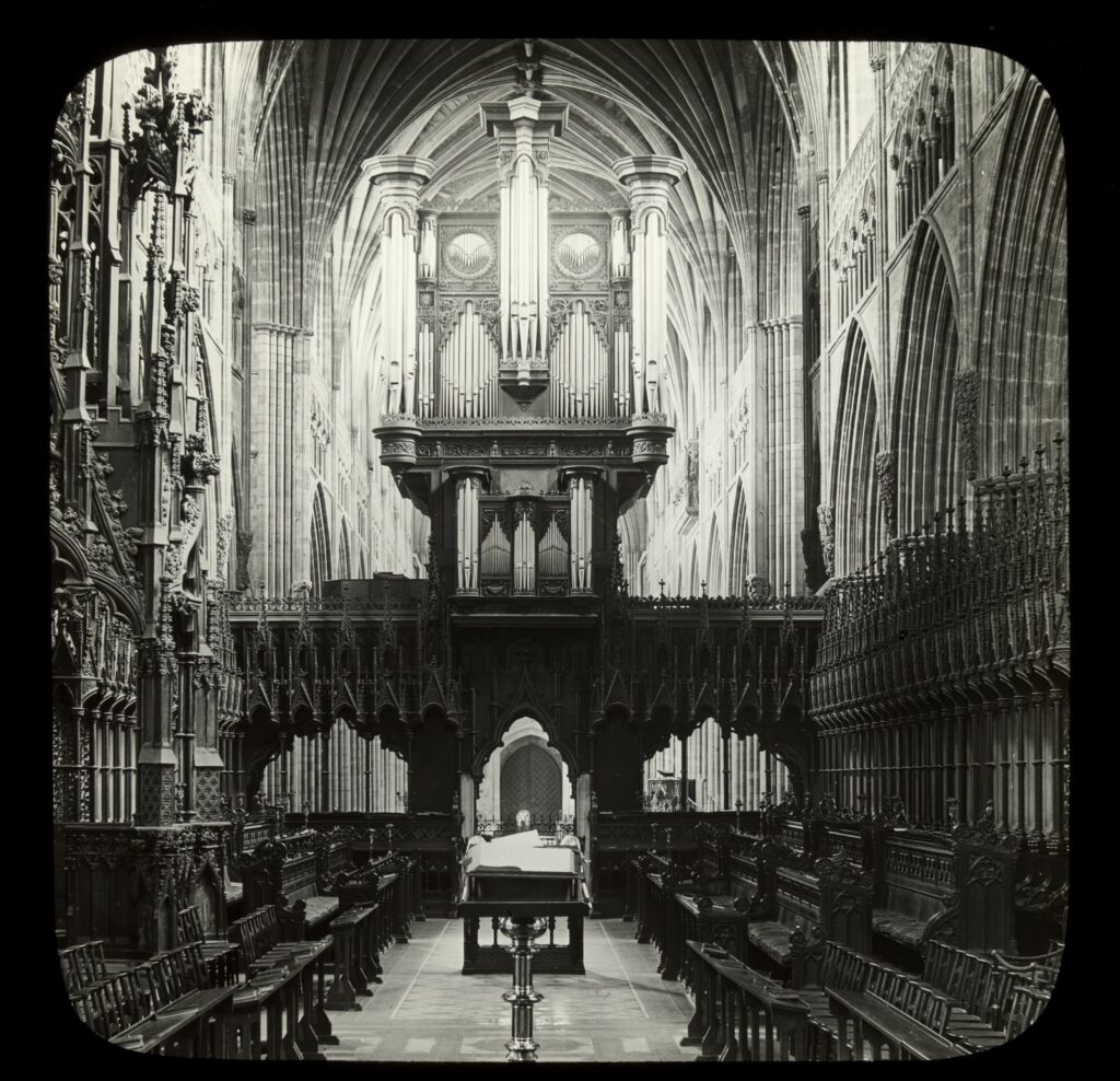 Interior of Exeter Cathedral, England.