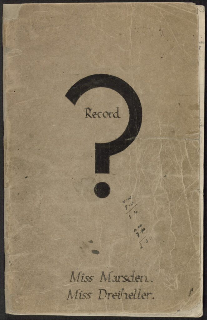 cover of handwritten enquiry register held by the Library, showing a question mark icon, the word 'record' and the name of the two librarians who wrote it "Miss Marsden and Miss Dreiheller