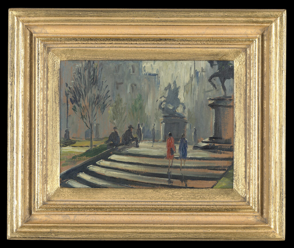 Image of colour painting showing the steps and statues at the front of the Library, two women walk up the steps one in a blue dress, one in a red dress