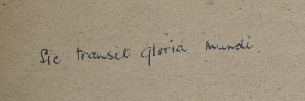 handwritten text inside front cover of enquiry register reading sic transit gloria mundi