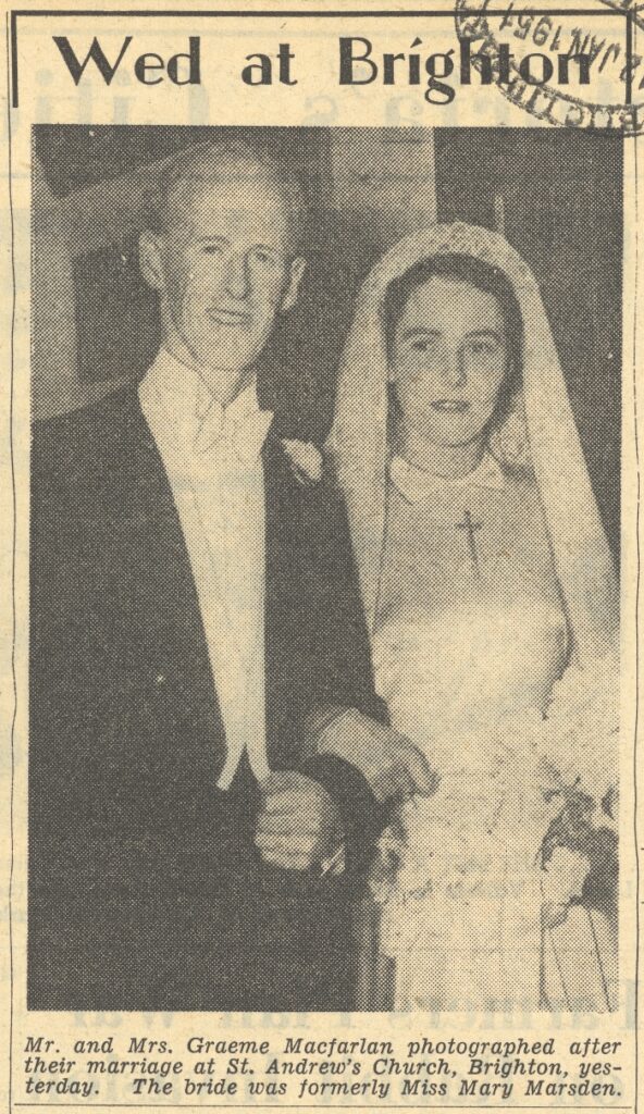 newspaper photograph of married couple, groom on the left and bride on the right