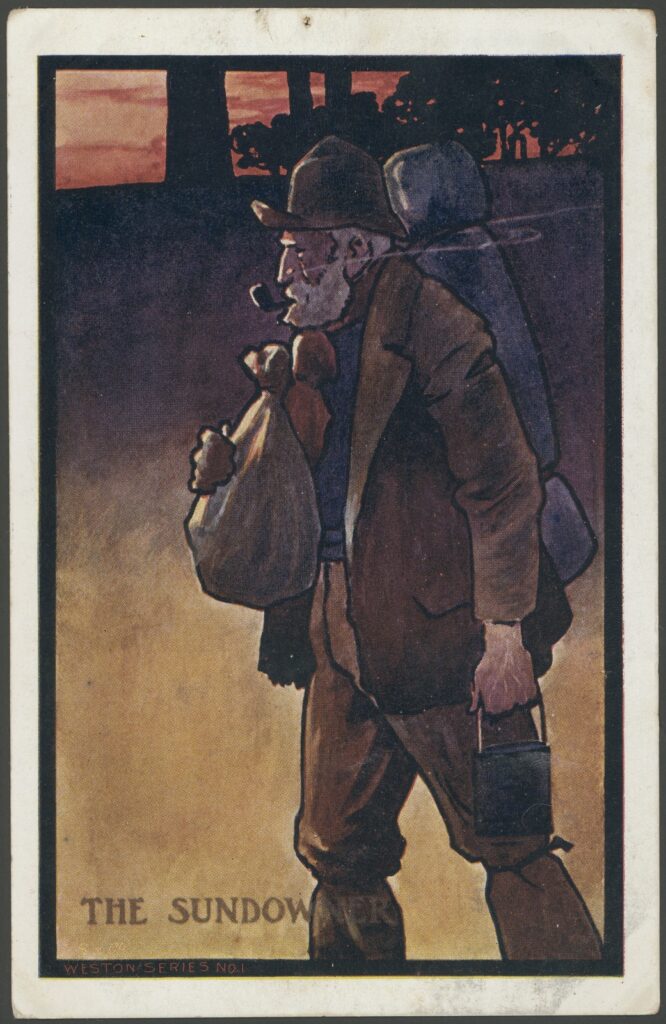 Swagman with bill, swag and pipe.