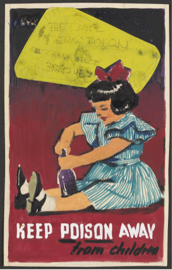 Poster of a child trying to open a bottle of poison.