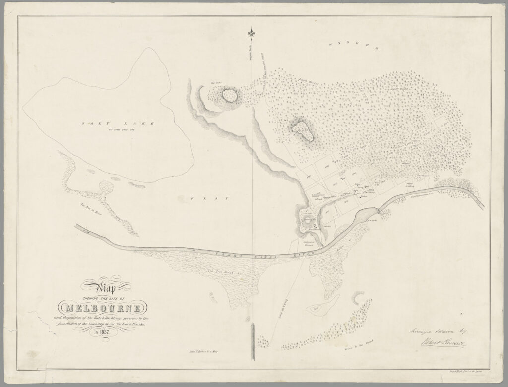 Map showing the site of Melbourne and the position of the huts and buildings previous to the foundation of the township in 1837