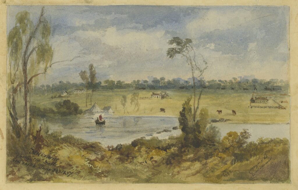 Shows the rocky falls on the Yarra River, near the point where Queen Street meets the river; tents on the bank, four buildings. 